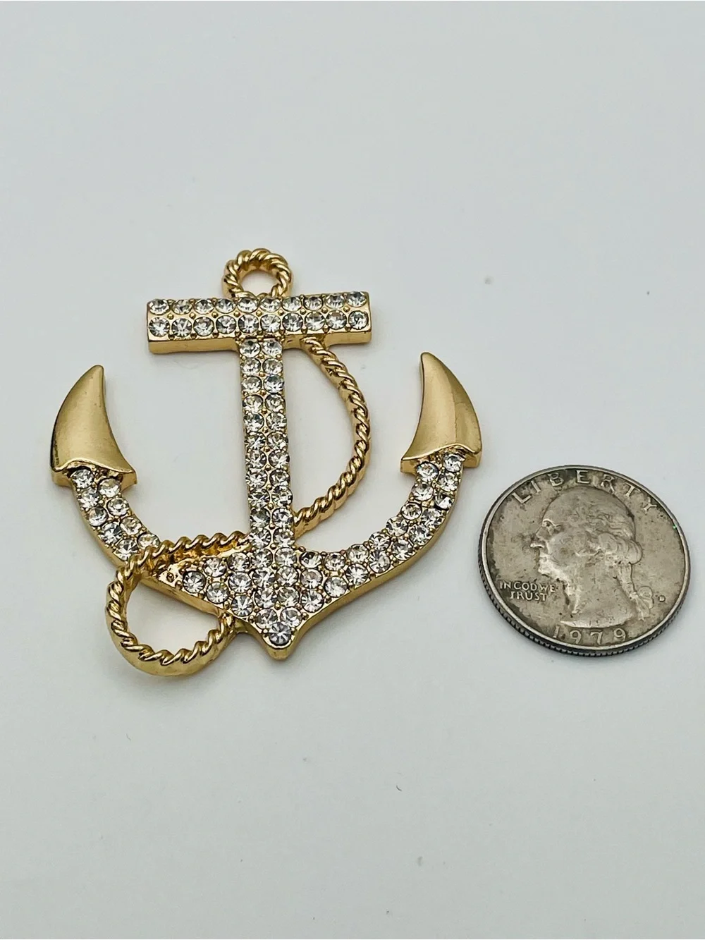 Rhinestone Gold Tone Anchor Pendant with Clear Crystals. Nautical.